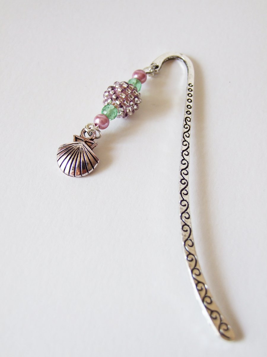 Pink Clam Shell Charm and Beaded Bead Silver Metal Shepherd's Hook Bookmark