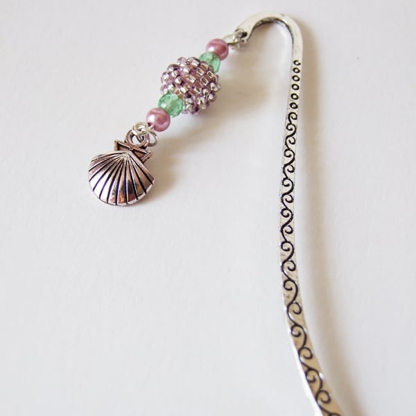 Pink Clam Shell Charm and Beaded Bead Silver Metal Shepherd's Hook Bookmark