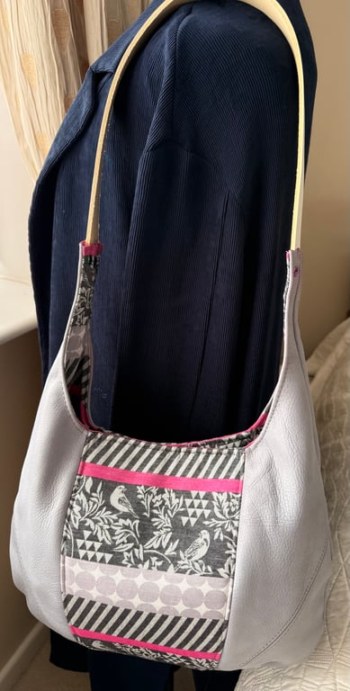 A Lavender Grey Italian Leather and Japanese Linen Mix Shoulder Bag