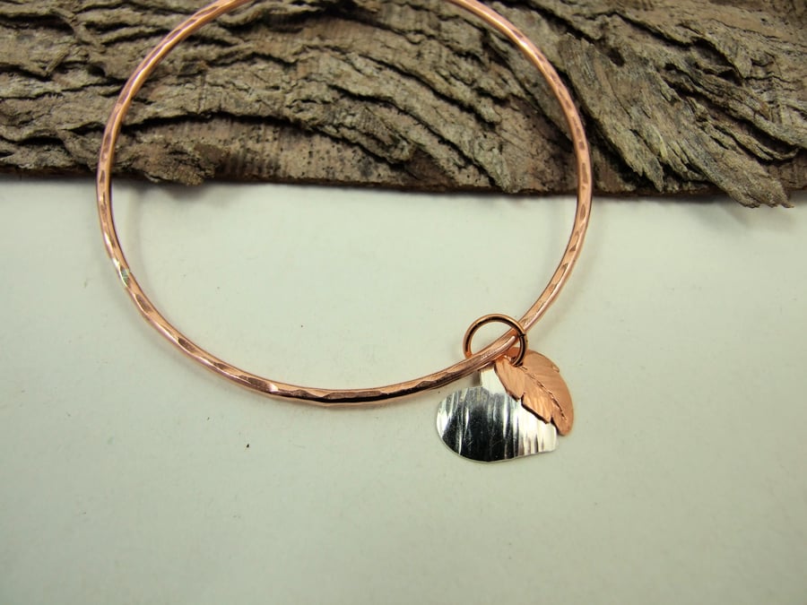 Copper Hammered Bangle Angel Feather and Sterling Silver Heart, Keepsake