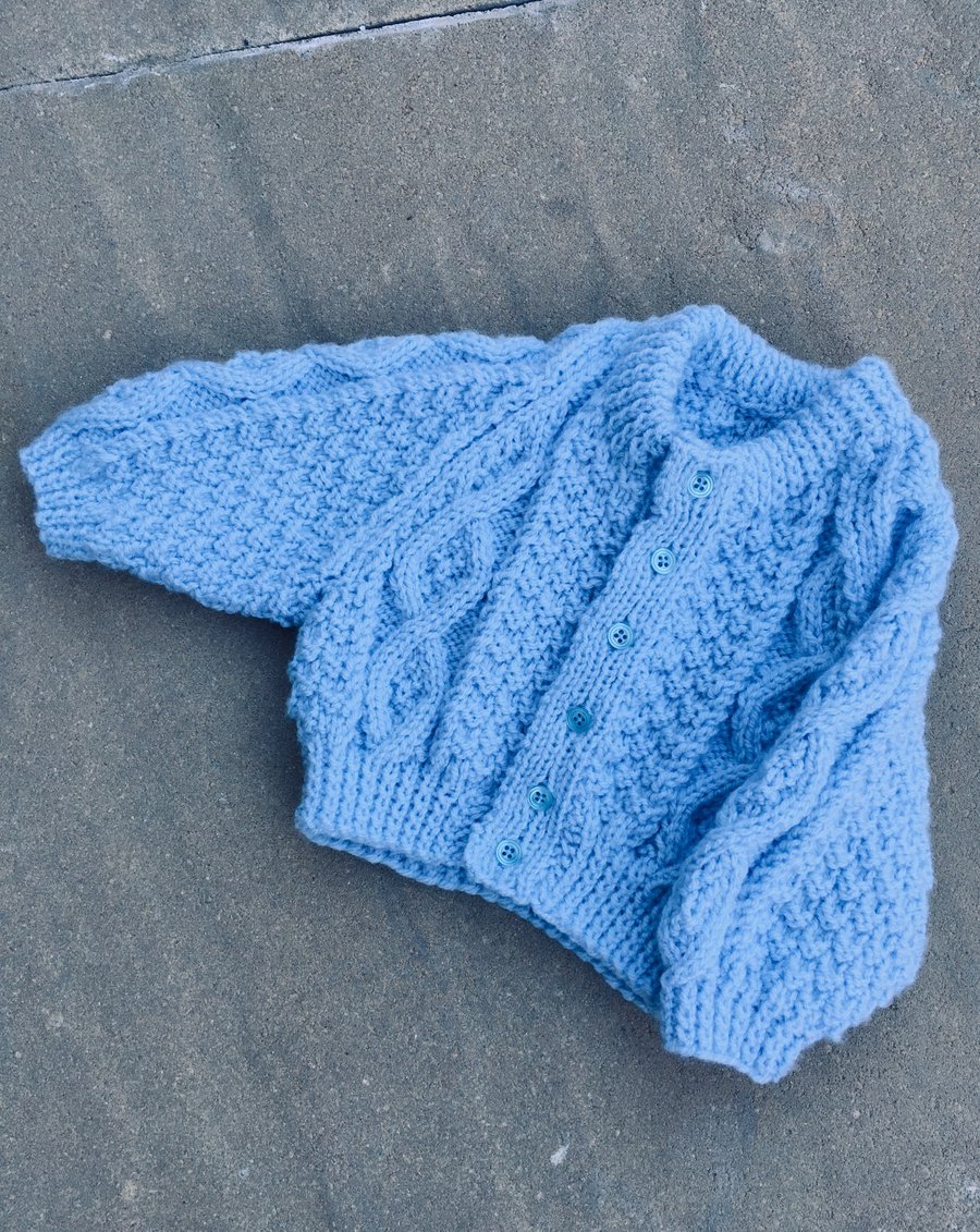  0 - 3 mths Blue Aran Style Baby Cardigan 