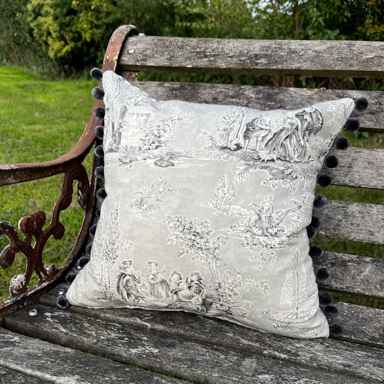 Sanderson Toile cushion cover with striped back and pompom trim
