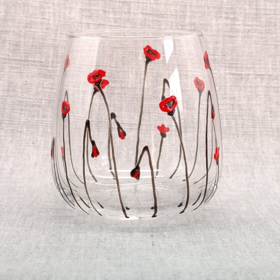 Hand-painted 'Poppy ' Stemless Wine Glass