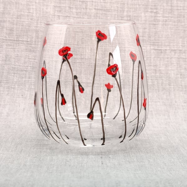 Hand-painted 'Poppy ' Stemless Wine Glass