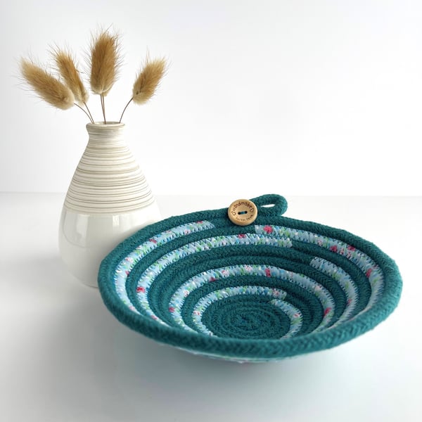Small Coiled Rope Bowl in Teal with Fabric Trim