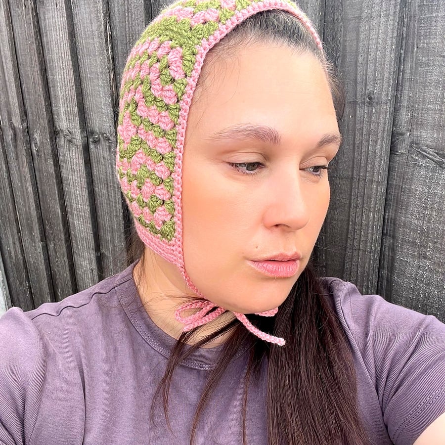 Handmade Crochet Bonnet - Pink & Green Granny Square Bonnet  - cottagecore 