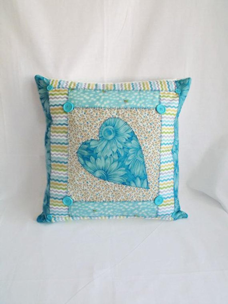 turquoise floral applique quilted heart cushion cover, patchwork pillow slip