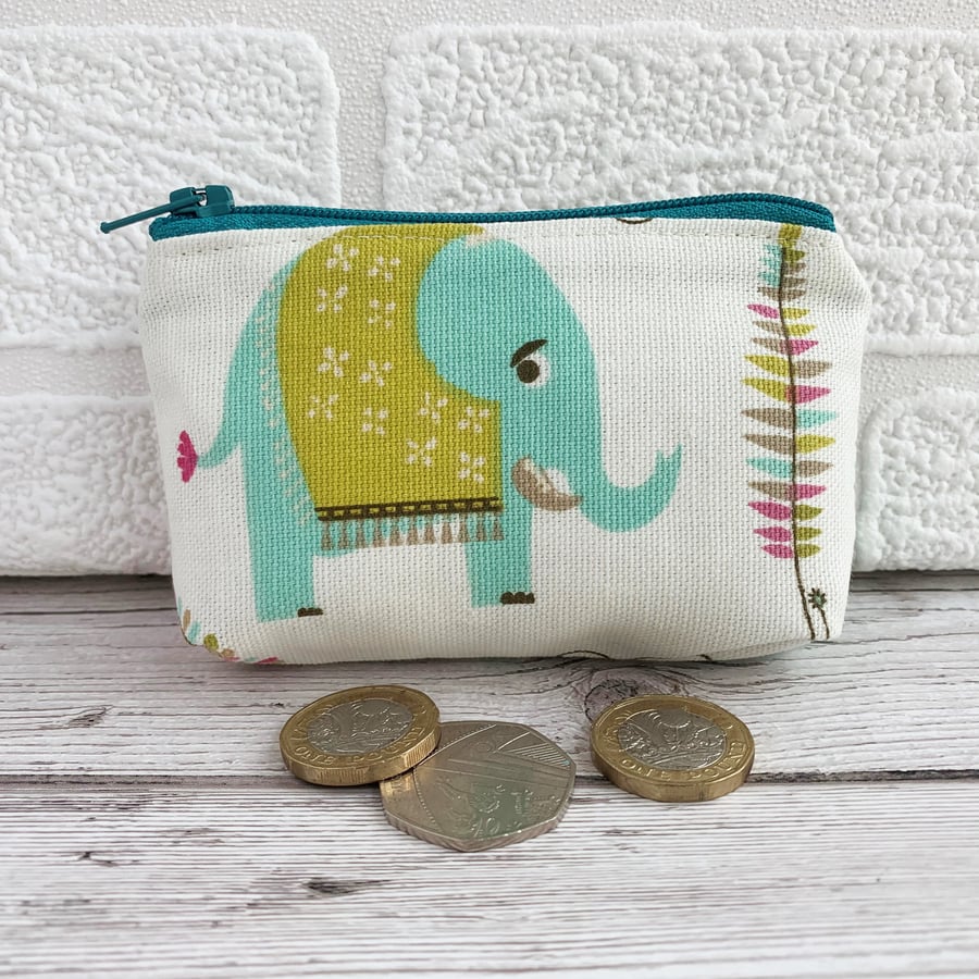 Small purse, coin purse with turquoise and lime green elephant
