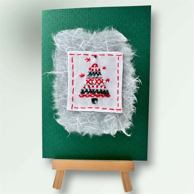 Hand embroidered Christmas card with bright festive tree picture. Luxury, unique