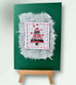 Hand embroidered Christmas card with bright festive tree picture. Luxury, unique
