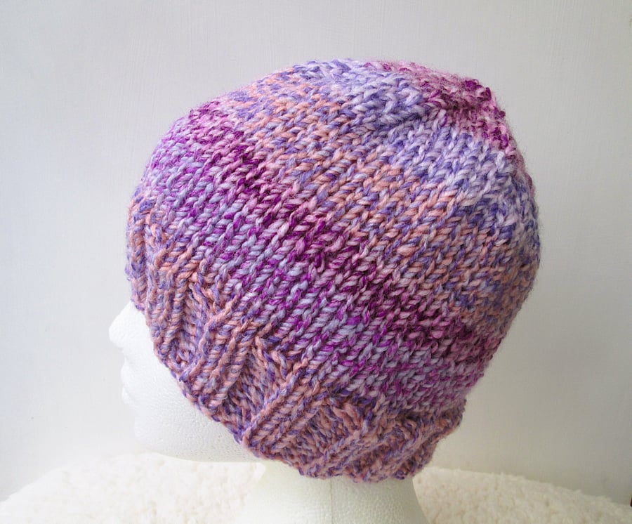 Ombre lilac and purple chunky beanie hat for an adult