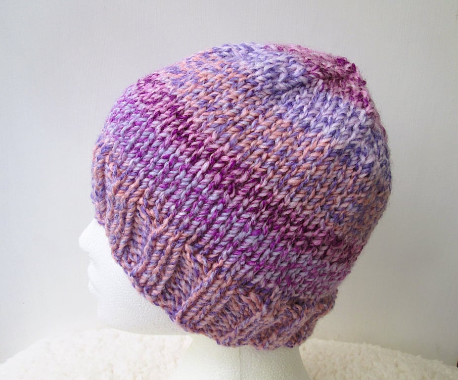 Ombre lilac and purple chunky beanie hat for an adult