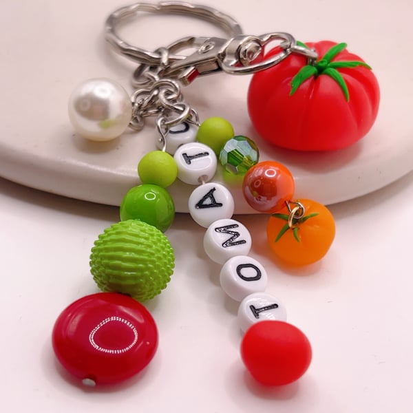 Quirky tomato keychain for bag, handmade polymer clay veggie charm gift