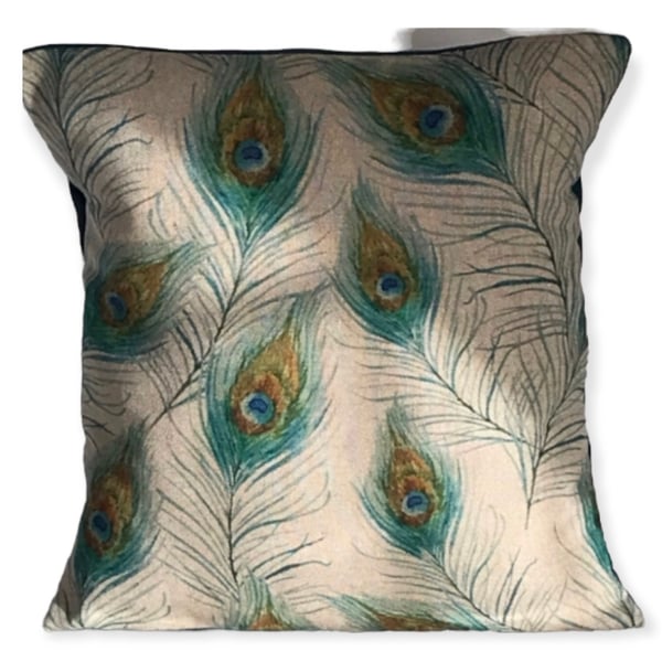 Peacock Feather Print Cushion Cover 12”x12”