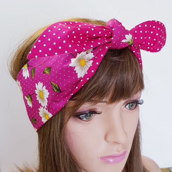 Pink floral self tie top knot headband women bandanna cotton hair scarf