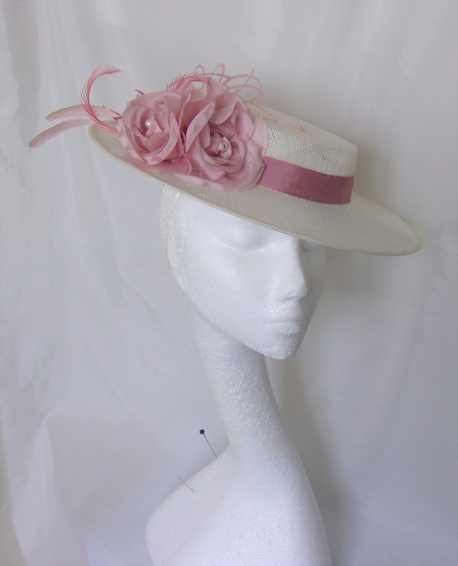 Ivory & Dusky Rose Pink Flower and Feather Boater Hat 