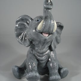 Small Grey Ceramic Baby Elephant Animal Figurine Ornament Decoration.