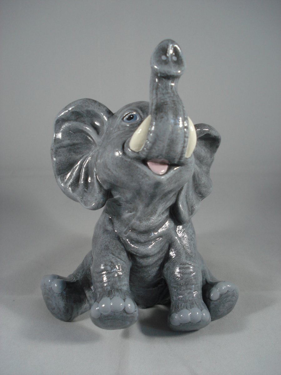 Small Grey Ceramic Baby Elephant Animal Figurine Ornament Decoration.