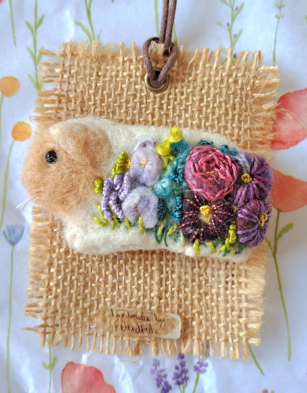 Guinea Pig Brooch Felted and Embroidered