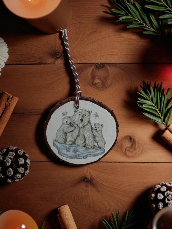 Polar Bears and Snowflakes Round Wooden Christmas Decoration Tree Ornament