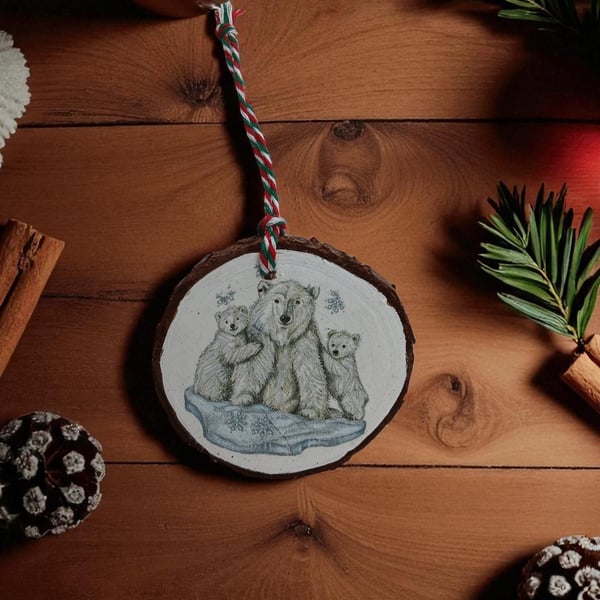 Polar Bears and Snowflakes Round Wooden Christmas Decoration Tree Ornament