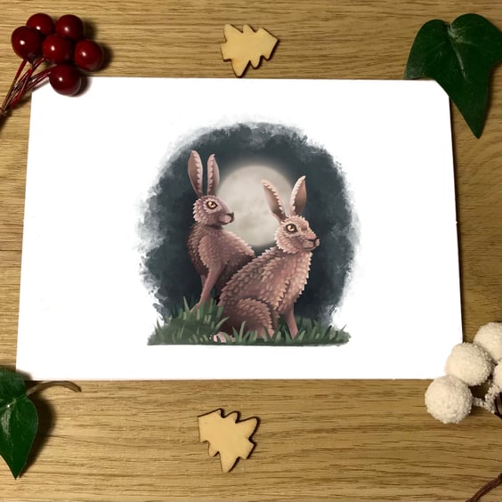 Moonlight Hares Blank Greeting Card