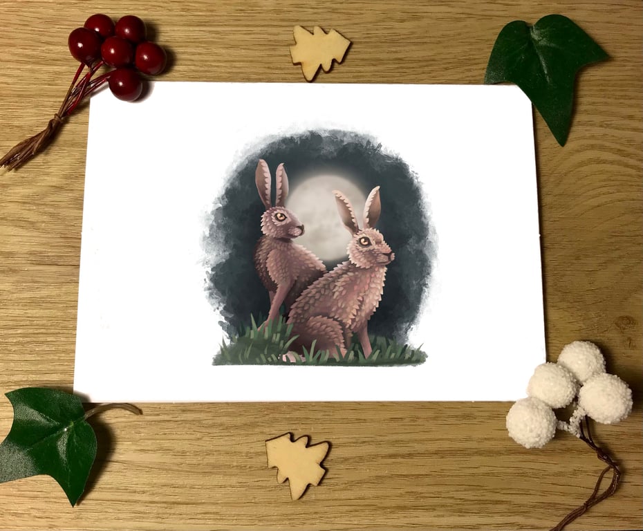 Moonlight Hares Blank Greeting Card