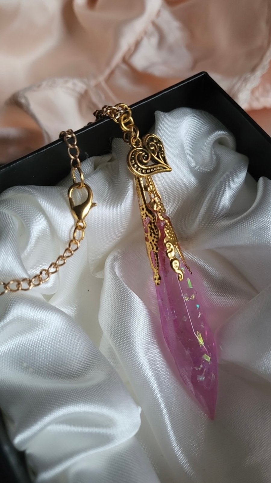 Shimmery Pink And Gold Resin Crystal Necklace 