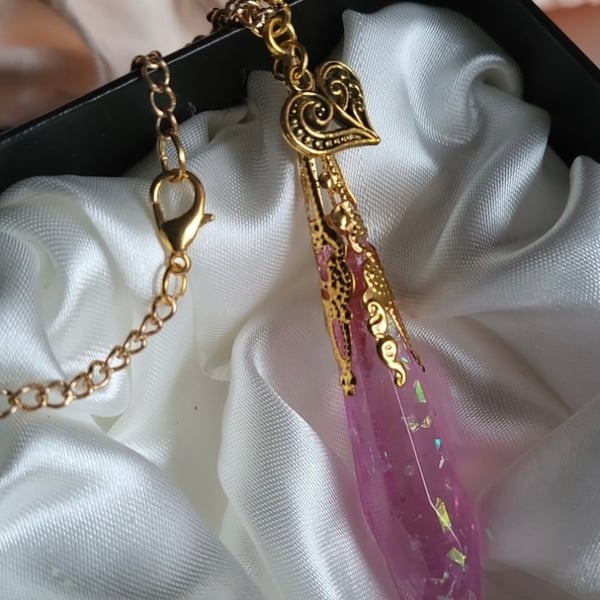 Shimmery Pink And Gold Resin Crystal Necklace 