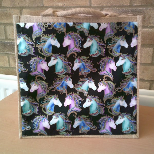 Colourful Unicorn Heads Medium Jute Bag