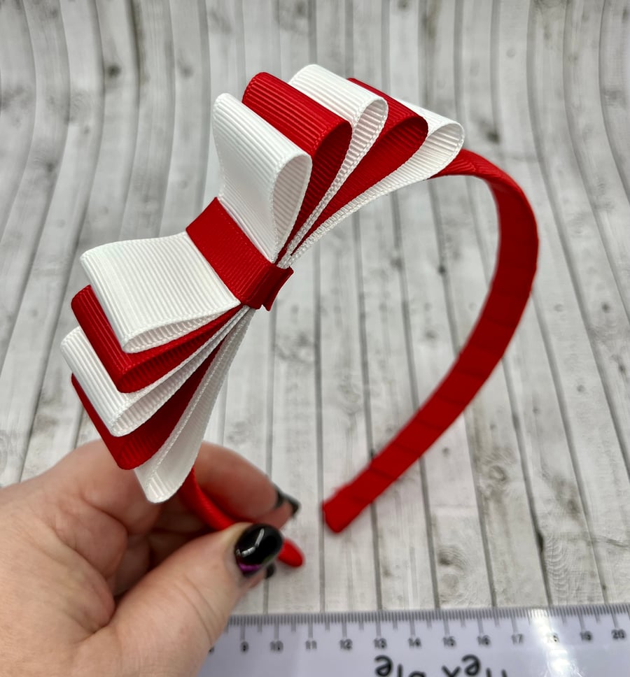 School Red and White Hairband with 5 Layer Two-tone Straight Bow