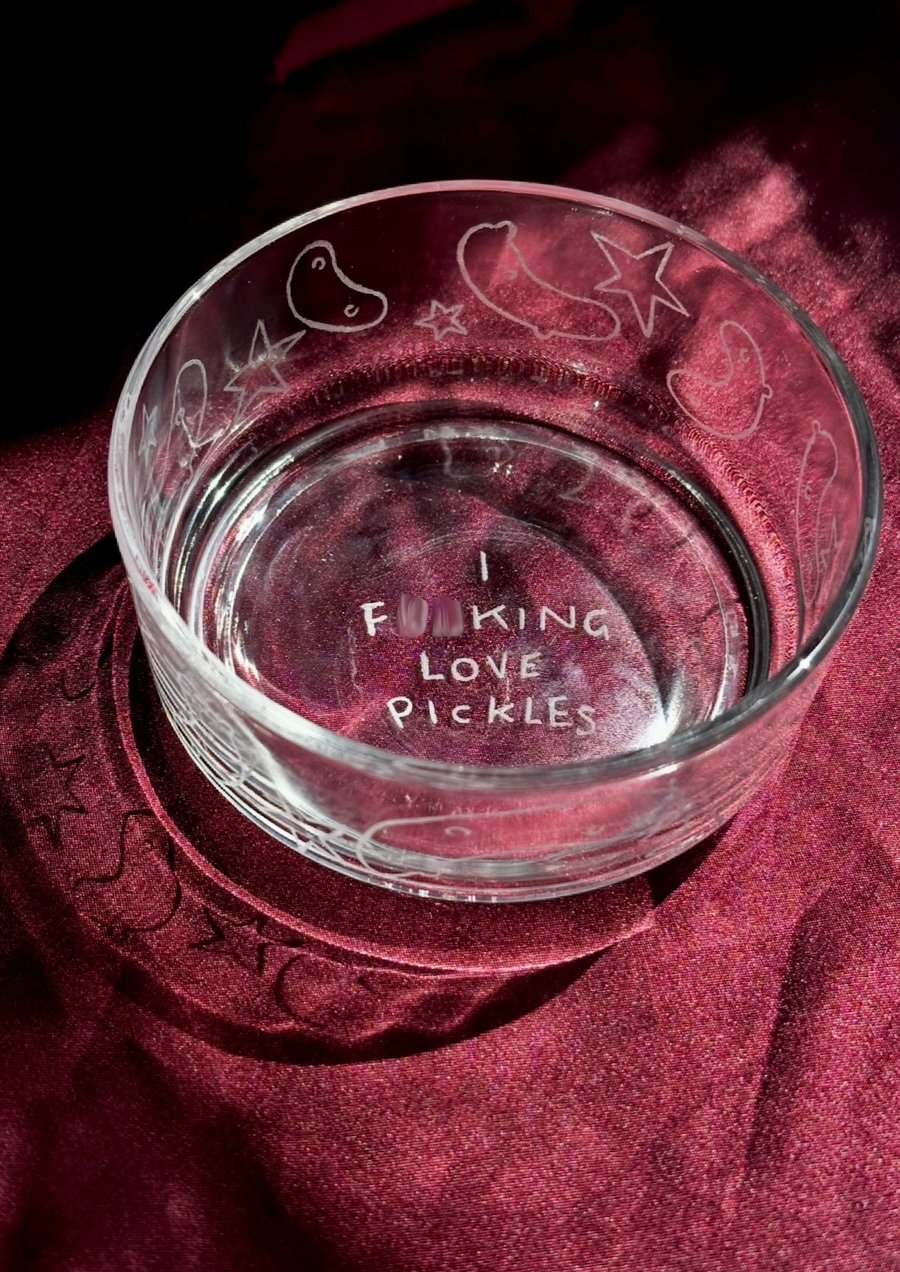 Etched Glass Dish- Pickles