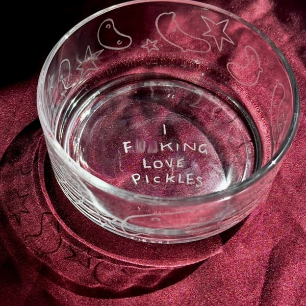 Etched Glass Dish- Pickles