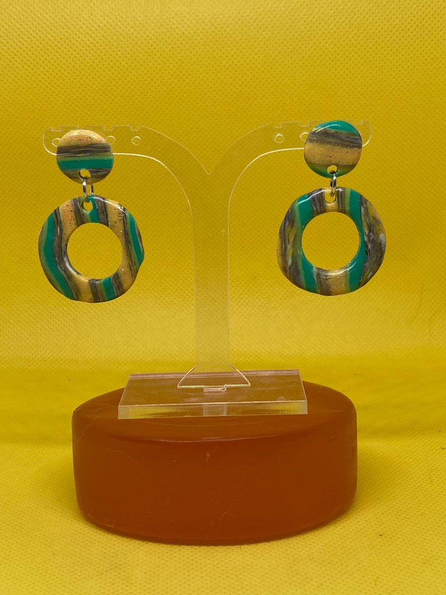 Teal and Yellow Stripe Circle Drop Earrings 