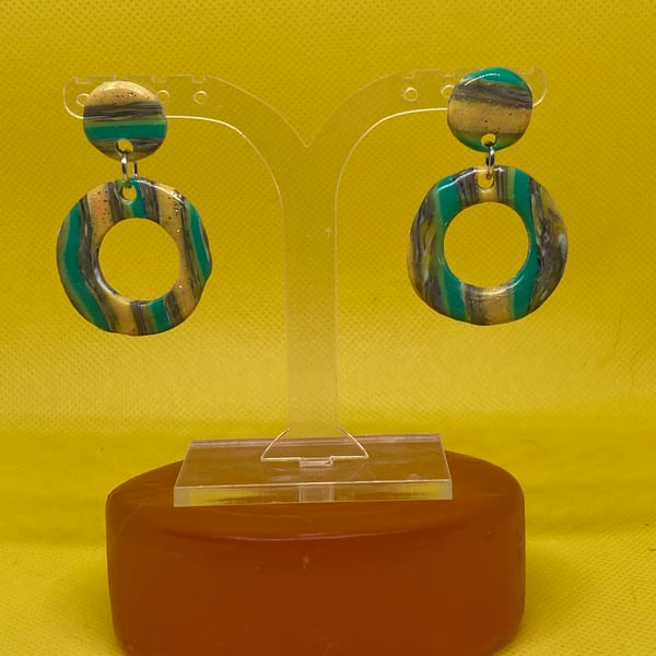 Teal and Yellow Stripe Circle Drop Earrings 