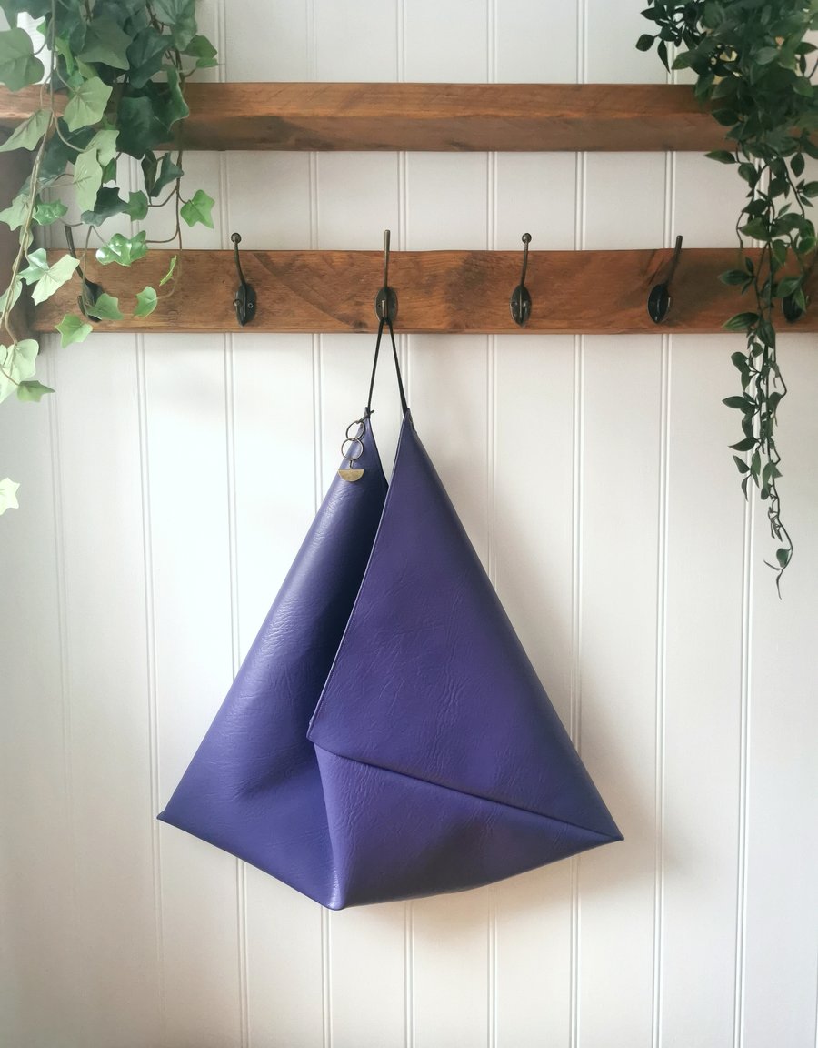 Purple Vegan Leather Origami Bag with Faux Suede Straps and Charm