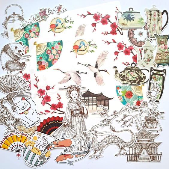 Asia Far East Embellishment Pack, oriental die cuts, ephemera and stickers