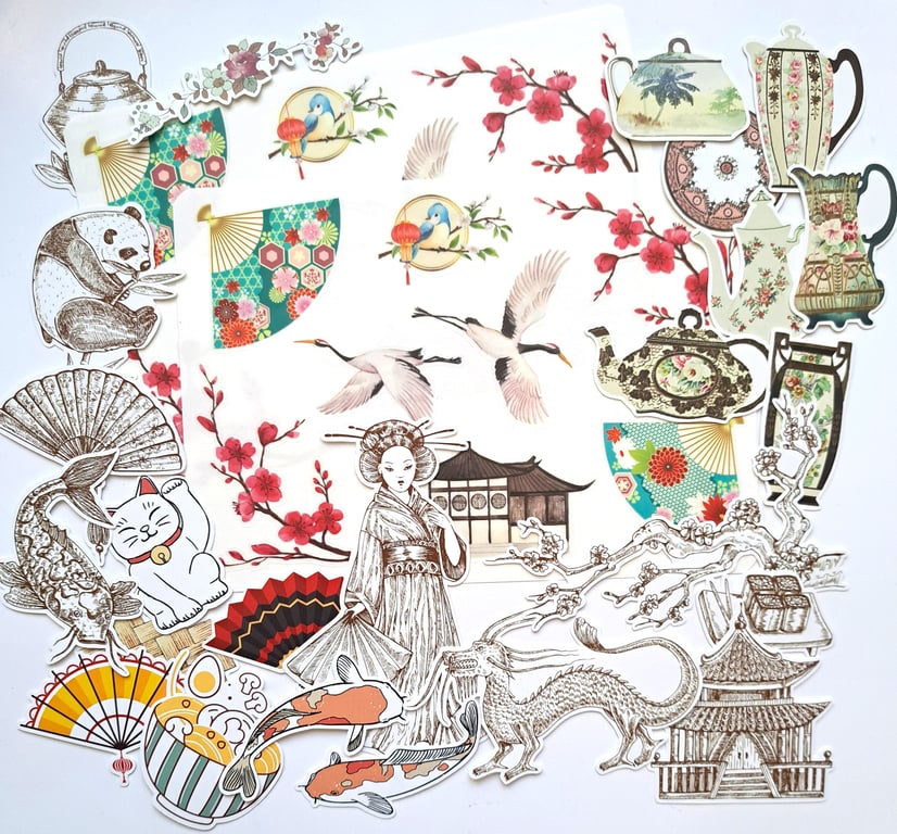 Asia Far East Embellishment Pack, oriental die cuts, ephemera and stickers