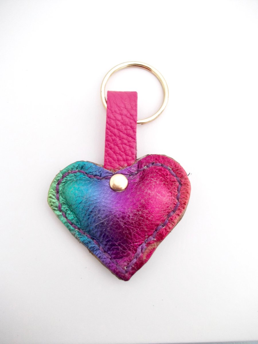 Leather Heart Shaped Keyring or Bag Charm.Metallic Rainbow Multicoloured Leather
