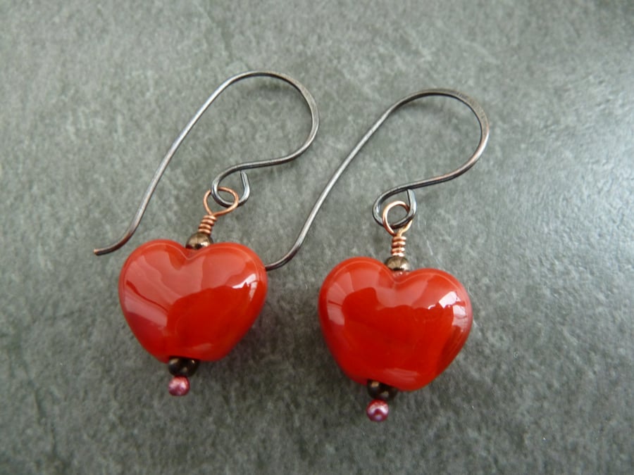 red heart copper earrings
