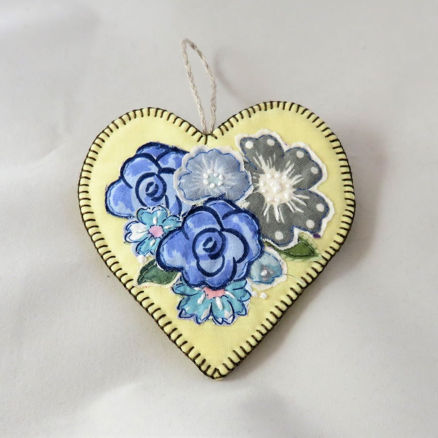 SALE Hanging Heart Blue Posy on Yellow