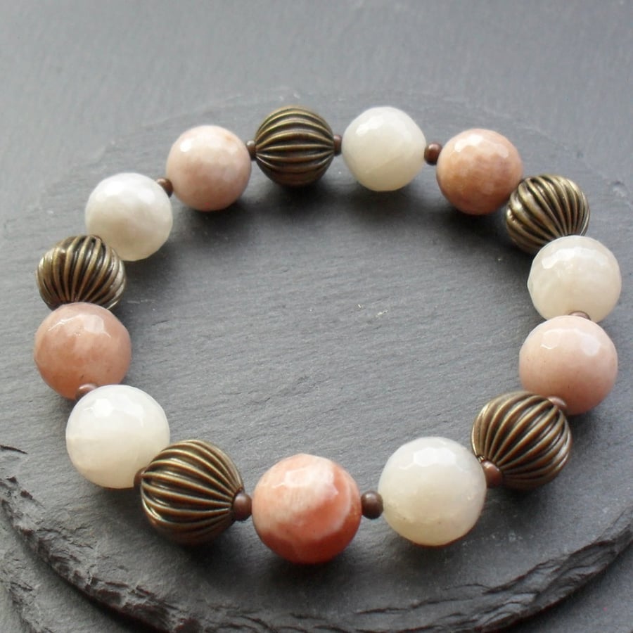 White and Peach Moonstone Stretch Bracelet Bronze Tone Beads