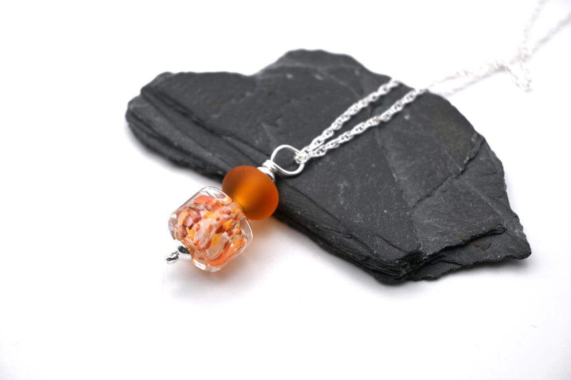 lampwork glass autumn pendant, sterling silver chain