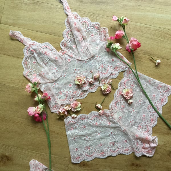 Peach and cream lace bralette and short set