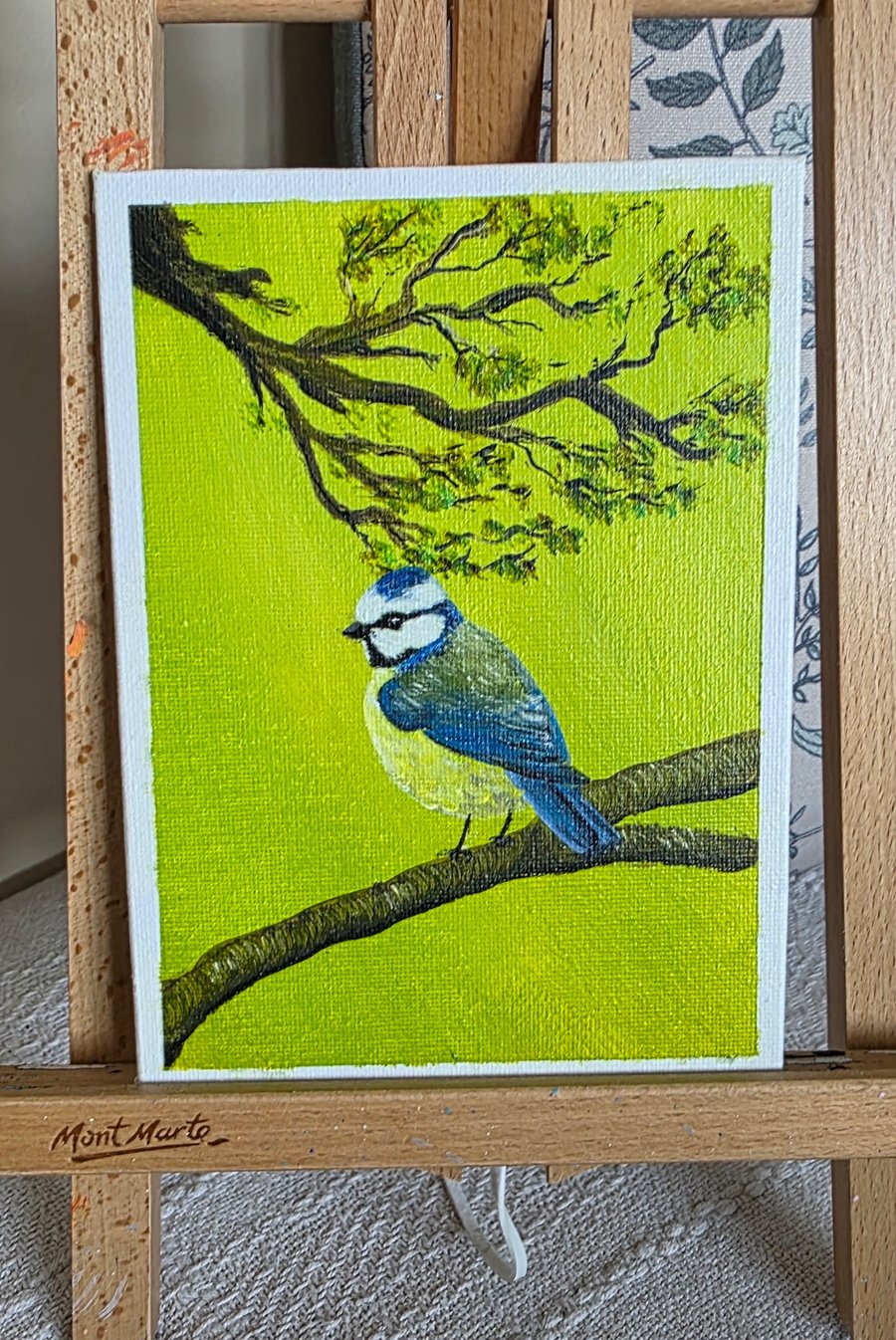 Mini original of a Bluetit on a canvas panel. 