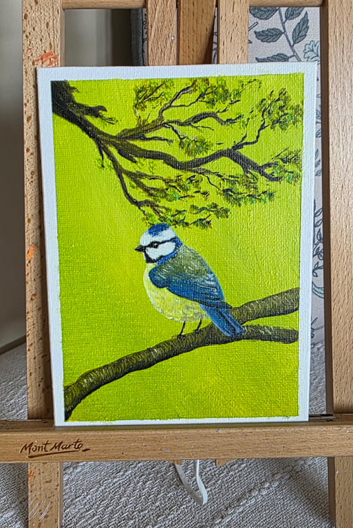 Mini original of a Bluetit on a canvas panel. 