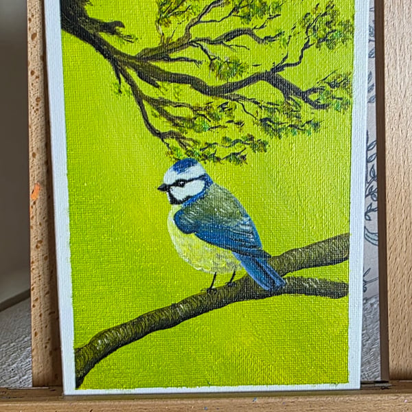 Mini original of a Bluetit on a canvas panel. 