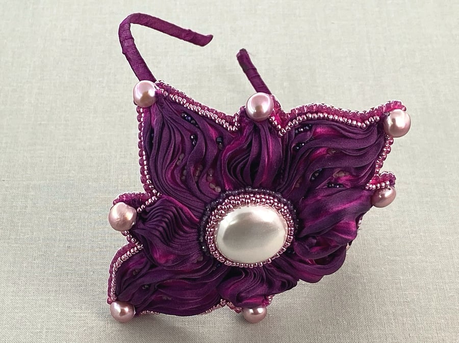 Cadbury Purple Large Silk Flower Pearl & Rubellite Floral Fascinator Headband 