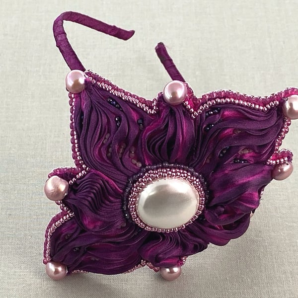 Cadbury Purple Large Silk Flower Pearl & Rubellite Floral Fascinator Headband 