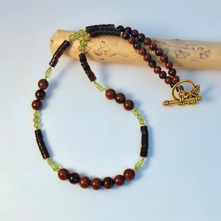 Peridot, Mahogany Obsidian, Smoky Quartz Necklace, August Birthday, Gift For Leo